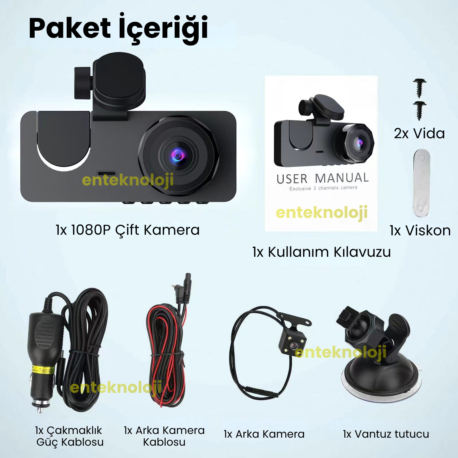 Araç İçi HD Kamera 3 Kameralı Y15 (Arka Görüş Kamerası Hediye)